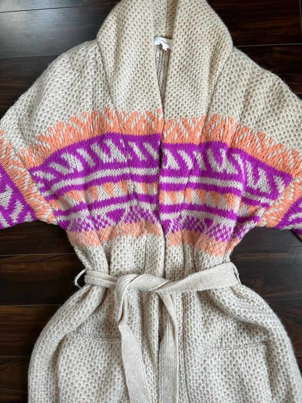 XiRENA Carmella Beige Belted Cardigan with Pink & Orange Geometric Design, XL - Picture 3 of 7